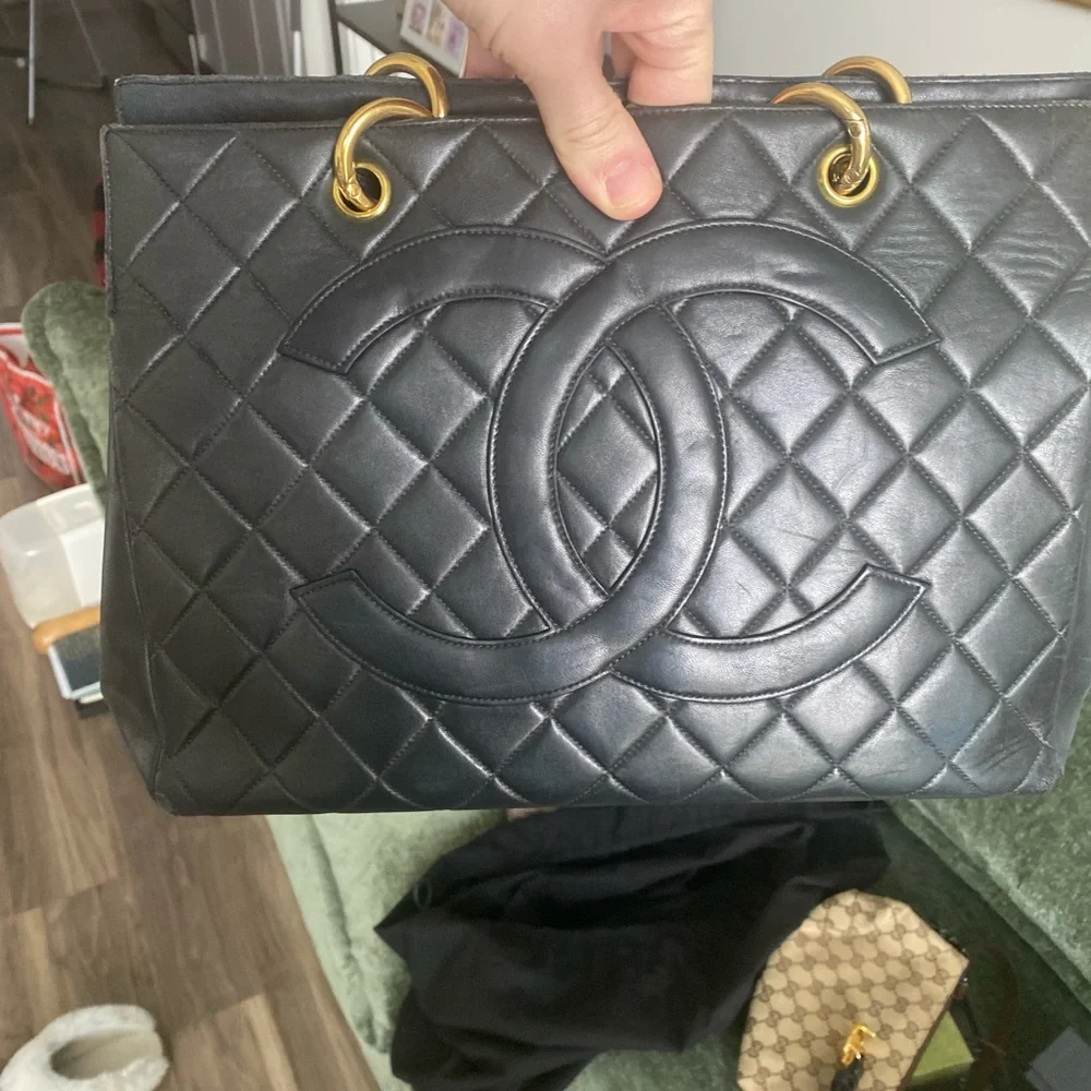 Chanel Black Lambskin Quilted Large Tote Bag with Gold Chain & Leather Handles